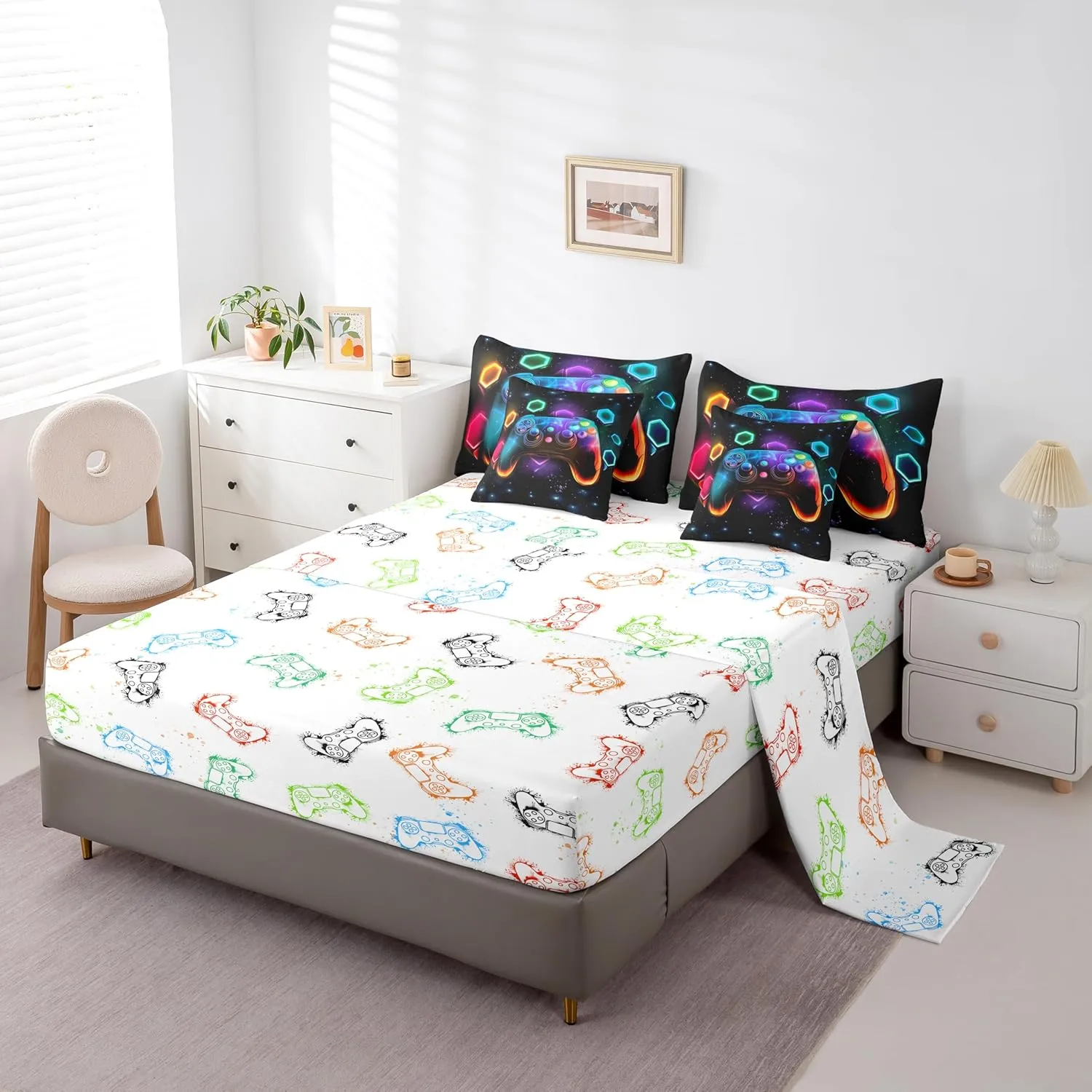 Game Consoles Boys Comforter Sets Twin Bed in a Bag 7 Piece Gamer Gifts,Gaming Twin Comforter Set for Boys Space Geometry Kids Comforter Sets Boys Red Blue Teal,Kids Room Decor Boys Bedroom Decor