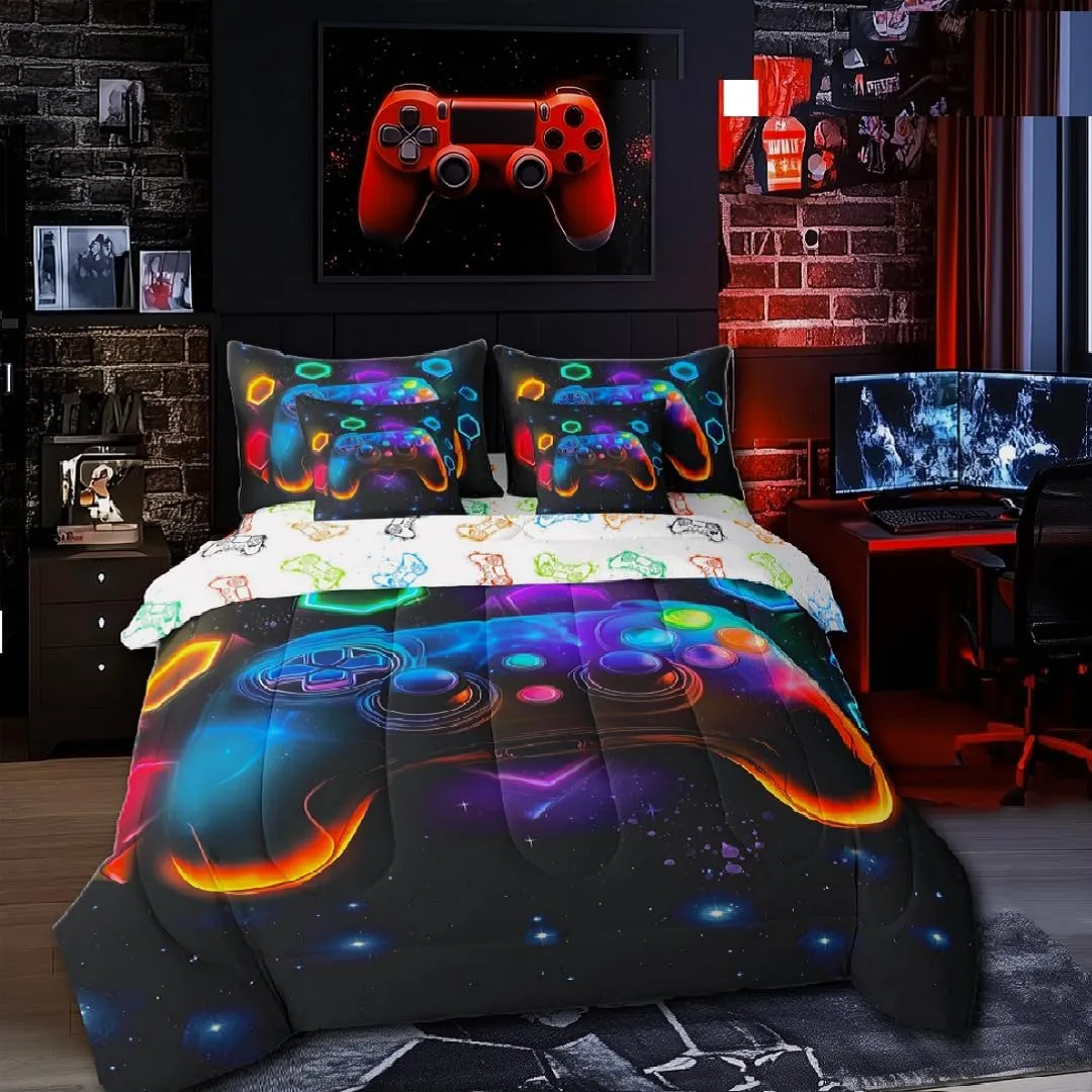 Game Consoles Boys Comforter Sets Twin Bed in a Bag 7 Piece Gamer Gifts,Gaming Twin Comforter Set for Boys Space Geometry Kids Comforter Sets Boys Red Blue Teal,Kids Room Decor Boys Bedroom Decor