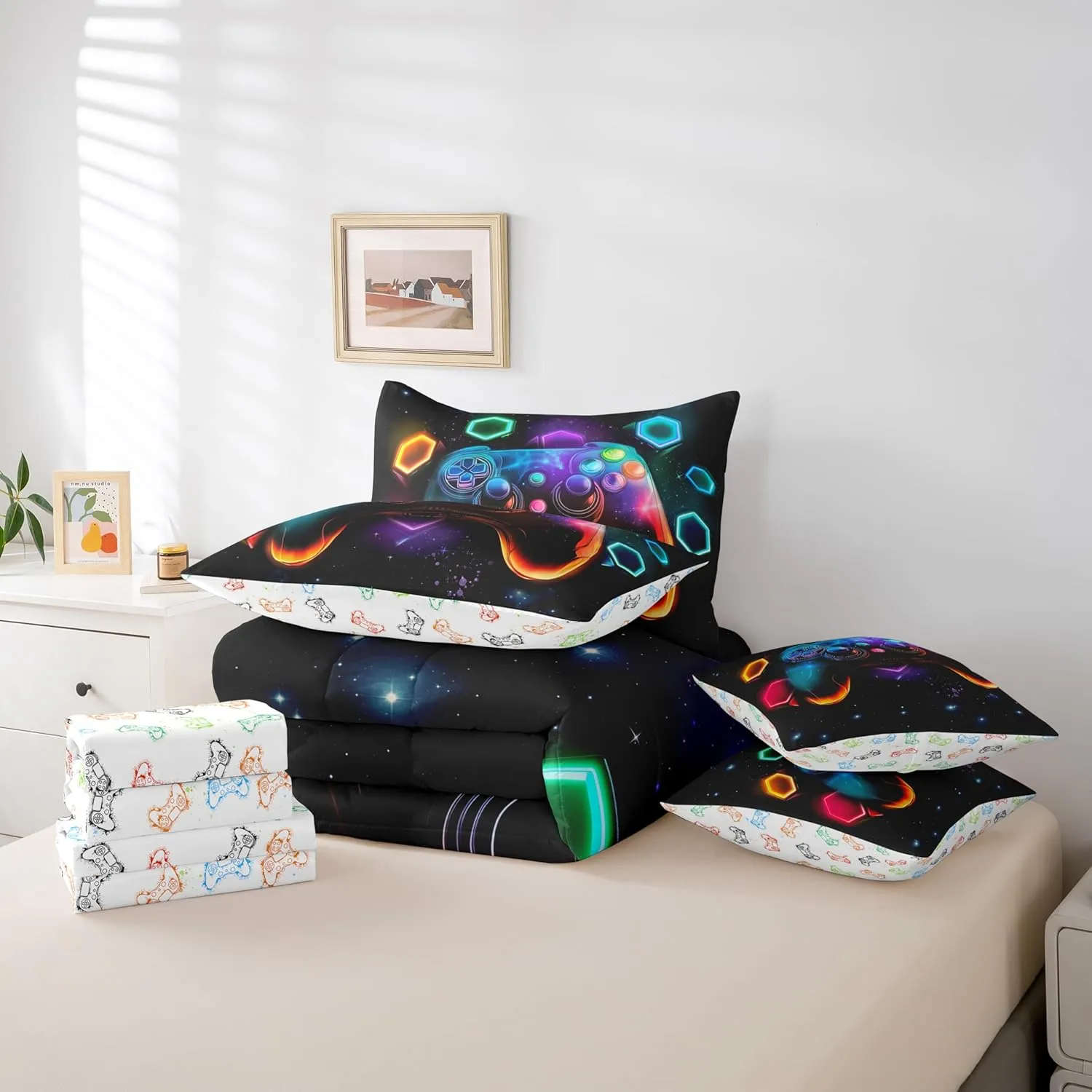 Game Consoles Boys Comforter Sets Twin Bed in a Bag 7 Piece Gamer Gifts,Gaming Twin Comforter Set for Boys Space Geometry Kids Comforter Sets Boys Red Blue Teal,Kids Room Decor Boys Bedroom Decor