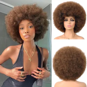 G&T Wig 70s Afro Curly Wigs for Black Women Short Brown Afro Synthetic Puff Wig Natural Looking Heat Resistant Bouncy Hair for Daily Party Use