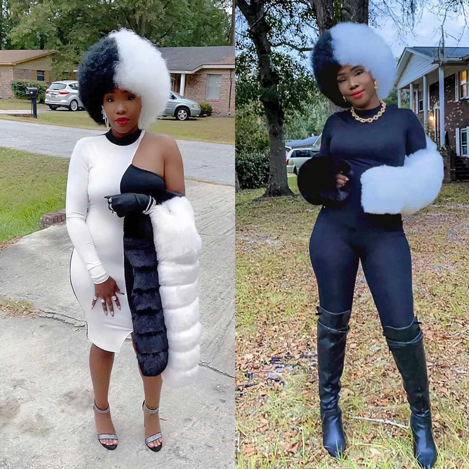 G&T Wig Cruella Deville Black and White Wig for Women Short Afro Puff Wig Cruella Costume Wig for Cosplay Halloween Party (Black and White)