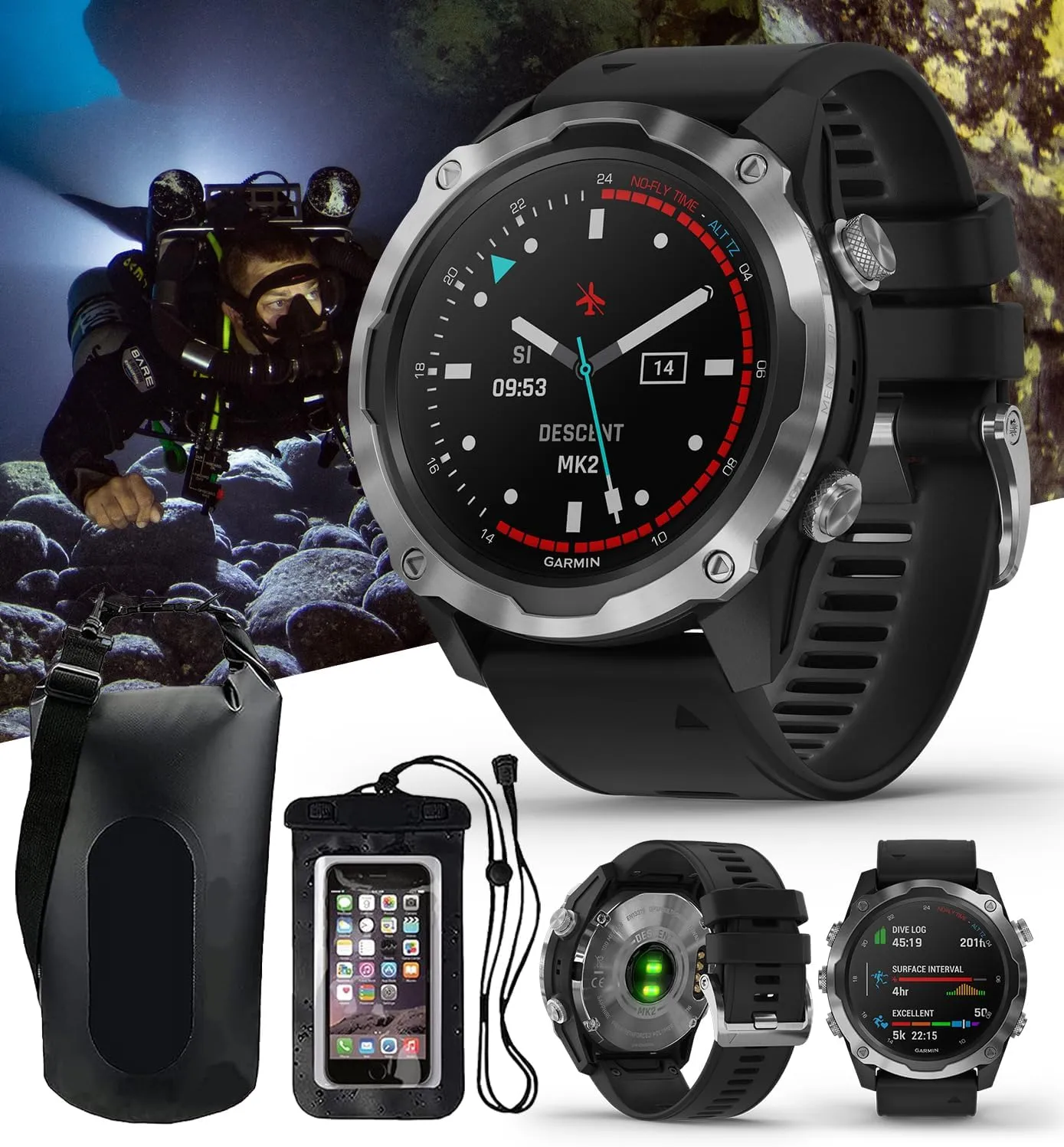 Garmin Descent Mk2 (Stainless Steel/Black) Dive Computer Watch Bundle - Air Integration, Multisport Training Features - includes PlayBetter Waterproof Dry Bag Set