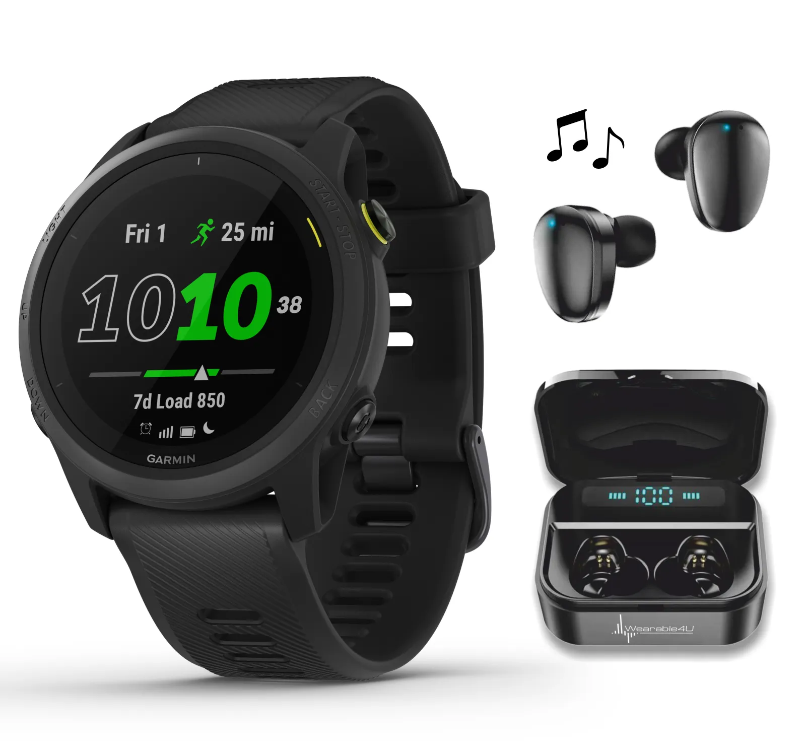Garmin Forerunner 745, GPS Running Watch with Wearable4U EarBuds with Charging Power Bank Case Bundle