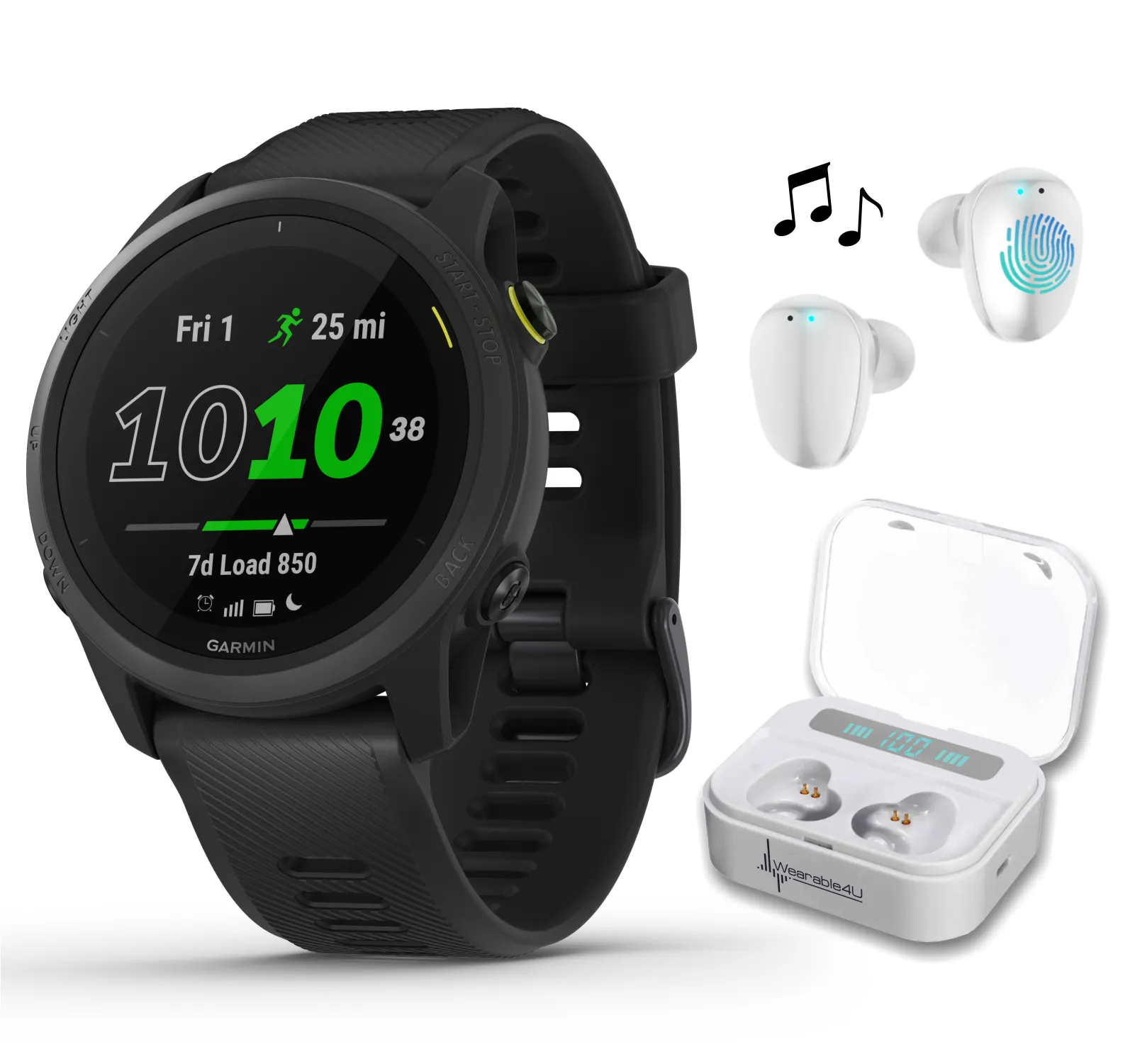 Garmin Forerunner 745, GPS Running Watch with Wearable4U EarBuds with Charging Power Bank Case Bundle