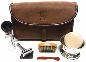 G.B.S Grooming Set for Gentlemen- Travel Kit Toiletry Leather bag  Badger Bristles, Double Edge Safety Razor, Chrome Shaving Bowl, Shaving Soap, Boar Beard Brush & Mustache Comb