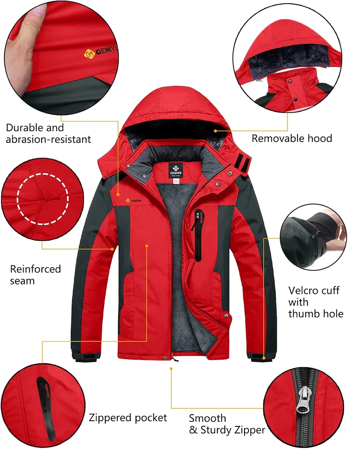 GEMYSE Men's Ski Snow Jacket Warm Winter Waterproof Coat Snowboard Rain Jacket Hooded Windproof Windbreaker