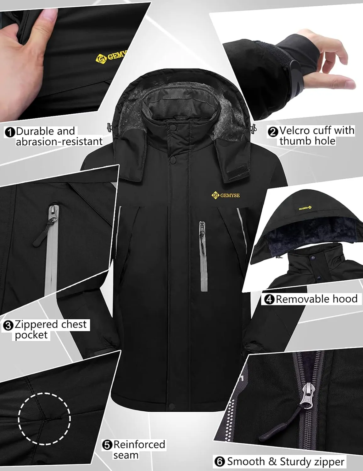 GEMYSE Men's Windproof Ski Jacket Warm Raincoats Snowboarding Hooded Parka With Multi-Pockets