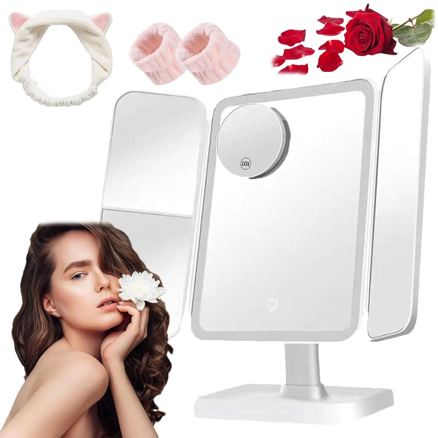 Glisera Smart Mirror, Glisera Smart Makeup Mirror 2x 3x 10x Touch Screen Dimming, Makeup Mirror With Lights, Led Trifold Makeup Mirror Magnification, 180 ° Rotation Lighted Makeup Mirror (White)
