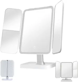 Glisera Smart Mirror - Glisera Smart Mirror Vanity, Makeup Mirror with Lights and Magnification, Folding Three-Sided Makeup Mirror, 180° Rotation Lighted Makeup Mirror (White)