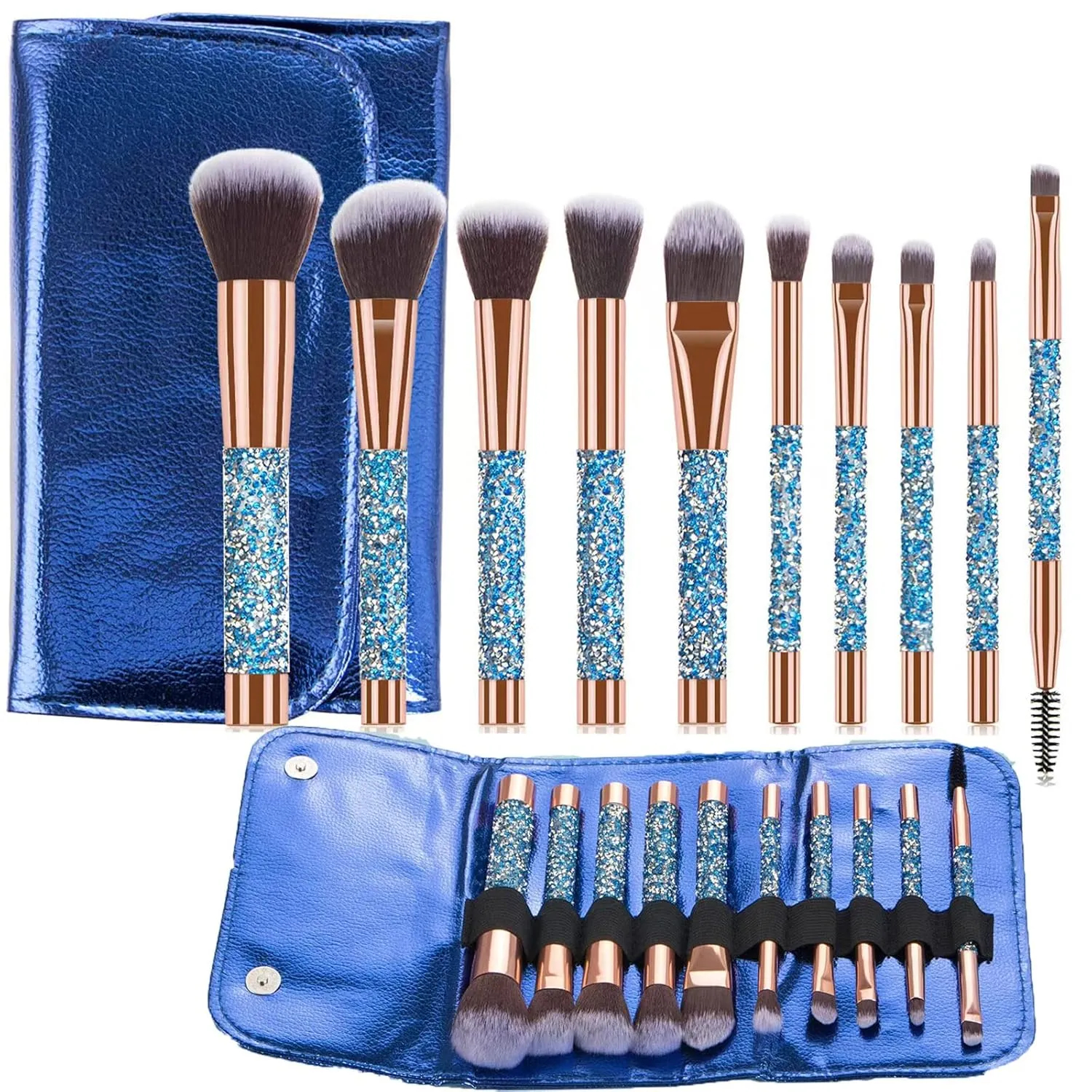 Glitz and Glam Essentials Makeup Brushes, 1 Set Rhinestone Makeup Brush Set Professional Beauty Cosmetic Brushes with Bag for Face Make Up Tools (blue)