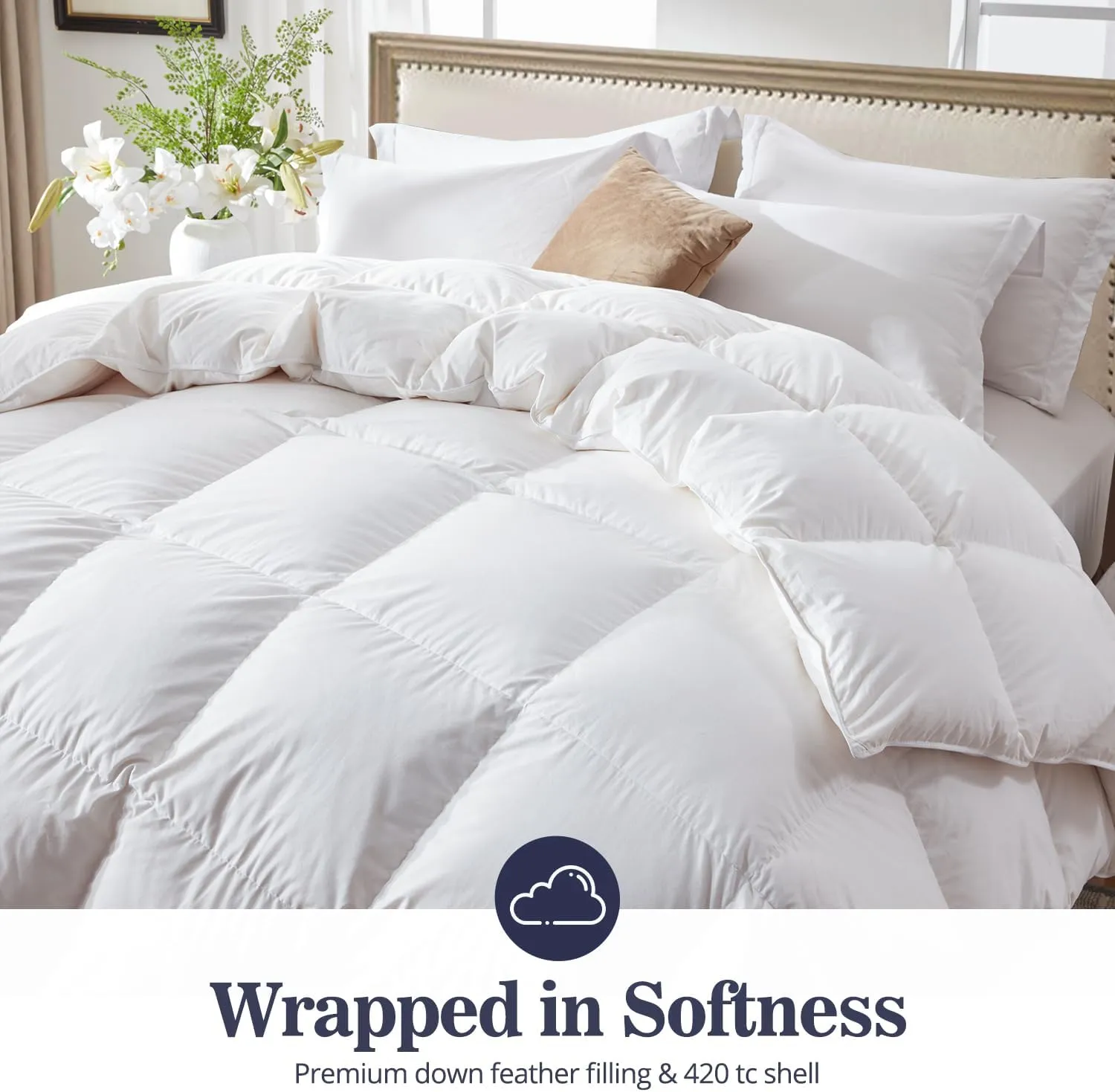 Globon Ultra-Soft Down Feather Comforter Queen Size,Luxurious Fluffy Hotel Collection Duvet Insert for All Season,Noiseless Shell,700 Filling Power,Medium Weight with Corner Tabs, White…