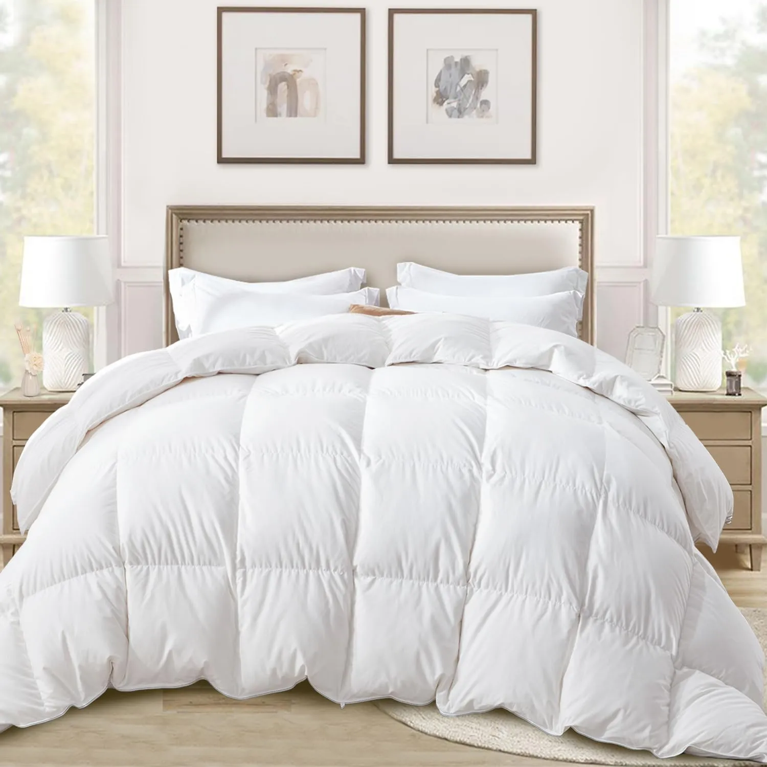 Globon Ultra-Soft Down Feather Comforter Queen Size,Luxurious Fluffy Hotel Collection Duvet Insert for All Season,Noiseless Shell,700 Filling Power,Medium Weight with Corner Tabs, White…