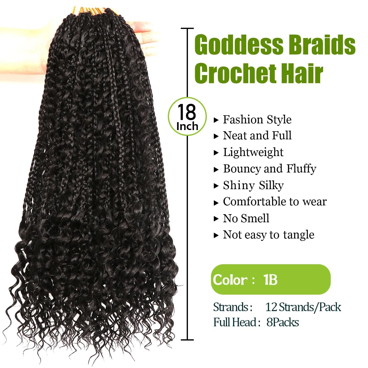 Goddess Bohemian Box Braids Crochet Hair-8 Packs 18 Inch Boho Crochet Braids for Black Women Synthetic Braiding Hair (1B#, 18 Inch(Pack of 8))