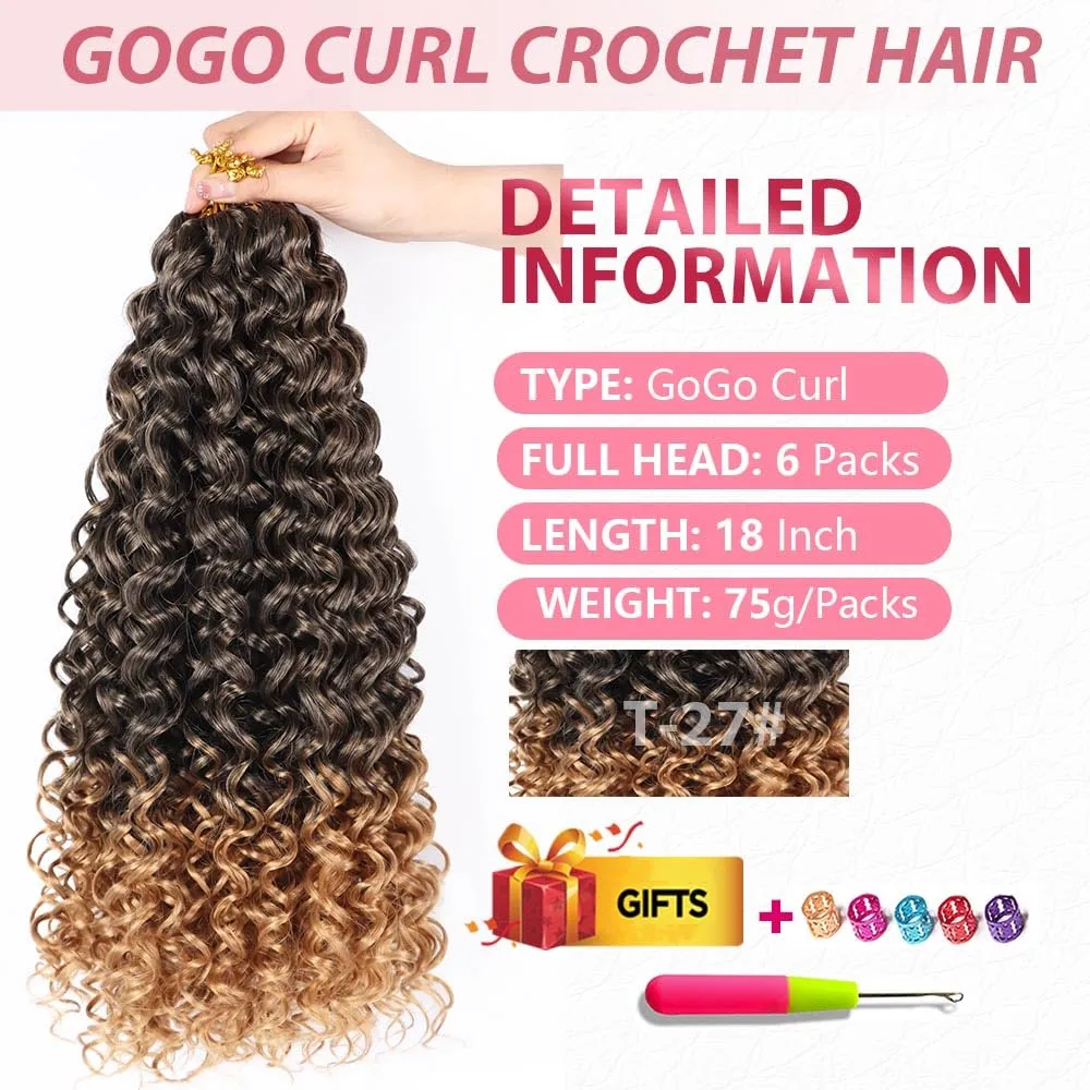 GoGo Curl Crochet Hair 18Inch 6packs Curl Crotchet Hair Water Wave Crotchet Hair for Black Women (18 Inch (Pack of 6), 1B/27#)