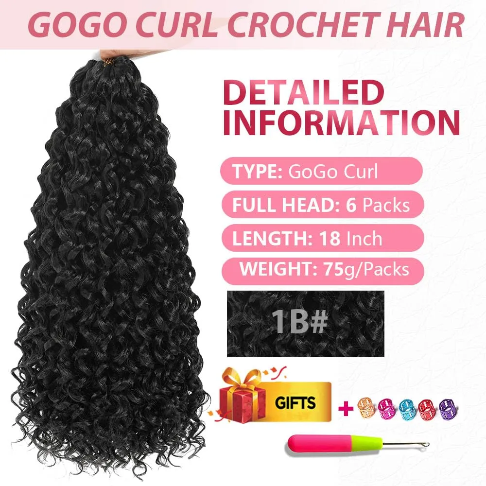 GoGo Curl Crochet Hair 18Inch 6Packs Synthetic Braiding Hair Extensions Curl Crotchet Hair for Women (18 Inch (Pack of 6), 1B#)