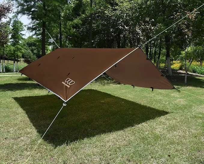 Gold Armour Rainfly Tarp Hammock, Premium 14.7ft/12ft/10ft/8ft Rain Fly Cover, Waterproof Ultralight Camping Shelter Canopy, Survival Equipment Gear Camping Tent Accessories (Brown 12ft x 10ft)