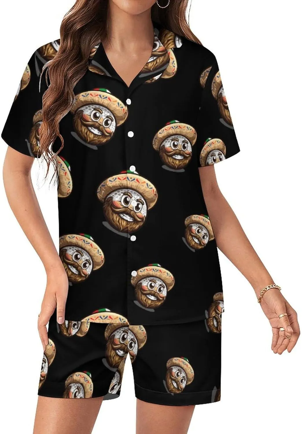 Golf Mexican Hat Cinco De Mayo Women's Satin Pajama Set Short Sleeve Button Down Sleepwear Loungewear Pj Set