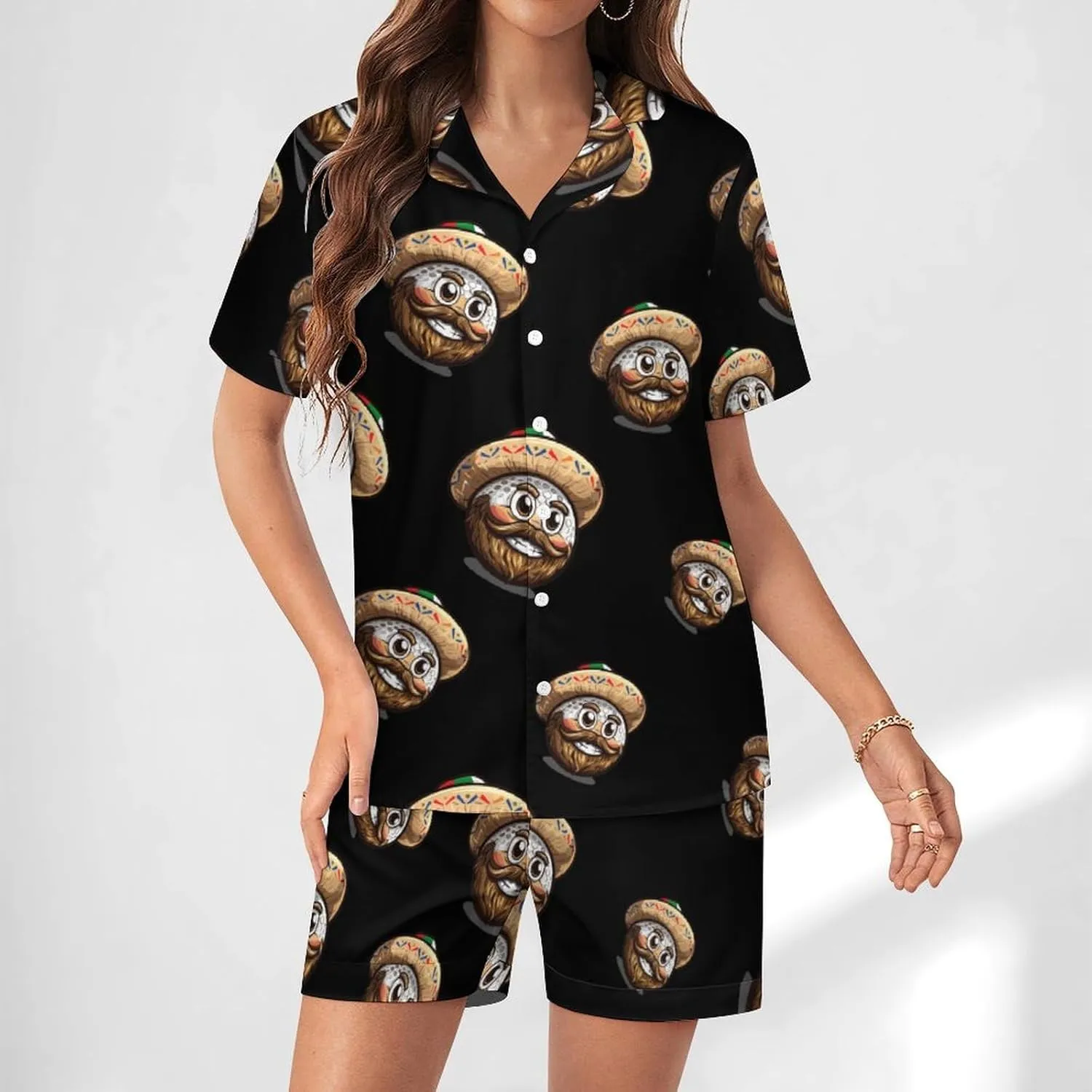 Golf Mexican Hat Cinco De Mayo Women's Satin Pajama Set Short Sleeve Button Down Sleepwear Loungewear Pj Set