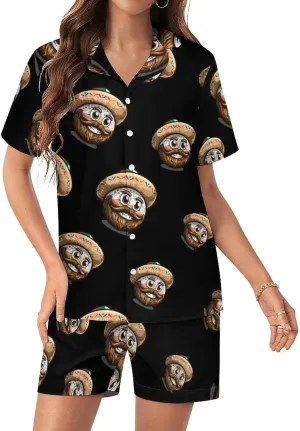 Golf Mexican Hat Cinco De Mayo Women's Satin Pajama Set Short Sleeve Button Down Sleepwear Loungewear Pj Set