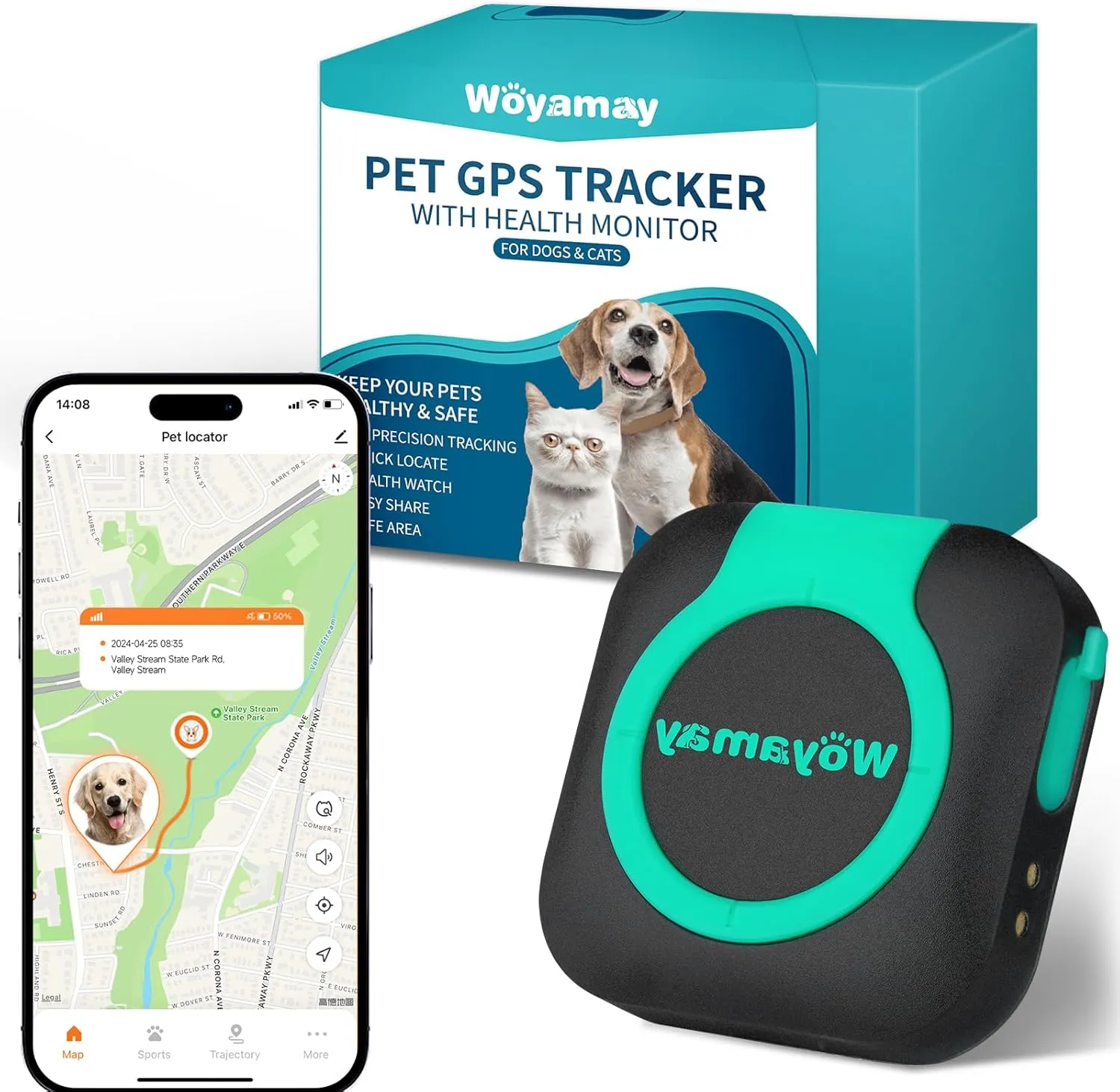 GPS Tracker for Dogs and Cats, Dog GPS Tracker, Mini Cat & Dog GPS Tracker with Health Monitor and GPS Dog Fence, Waterproof GPS Pet Tracker, Works with Any Collar (Android and iOS Universal)