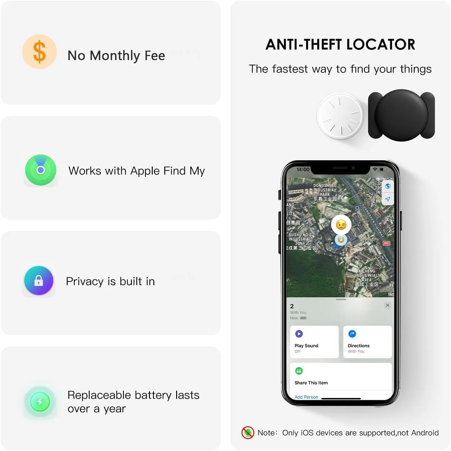 GPS Tracker for Vehicles No Subscription, 1PCS Real Time GPS Tracker for Car Work with Find My (iOS Only), Mini Hidden Car Tracker Device with Magnetic Case, No Monthly Fee (Black)