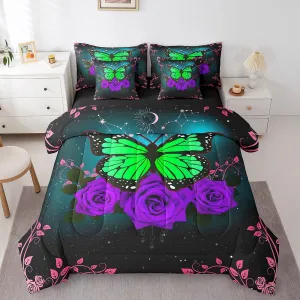 Green Butterfly Bed in a Bag Queen Comforter Set 7 Piece Purple Rose Bedding Sets,Romantic Flowers Constellation Sheet Set with Comforter Rustic Animal Butterflies Bed Set,Aesthetic Room Decor
