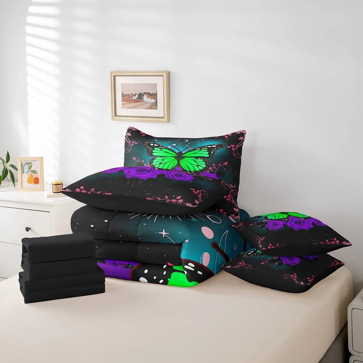 Green Butterfly Bed in a Bag Queen Comforter Set 7 Piece Purple Rose Bedding Sets,Romantic Flowers Constellation Sheet Set with Comforter Rustic Animal Butterflies Bed Set,Aesthetic Room Decor