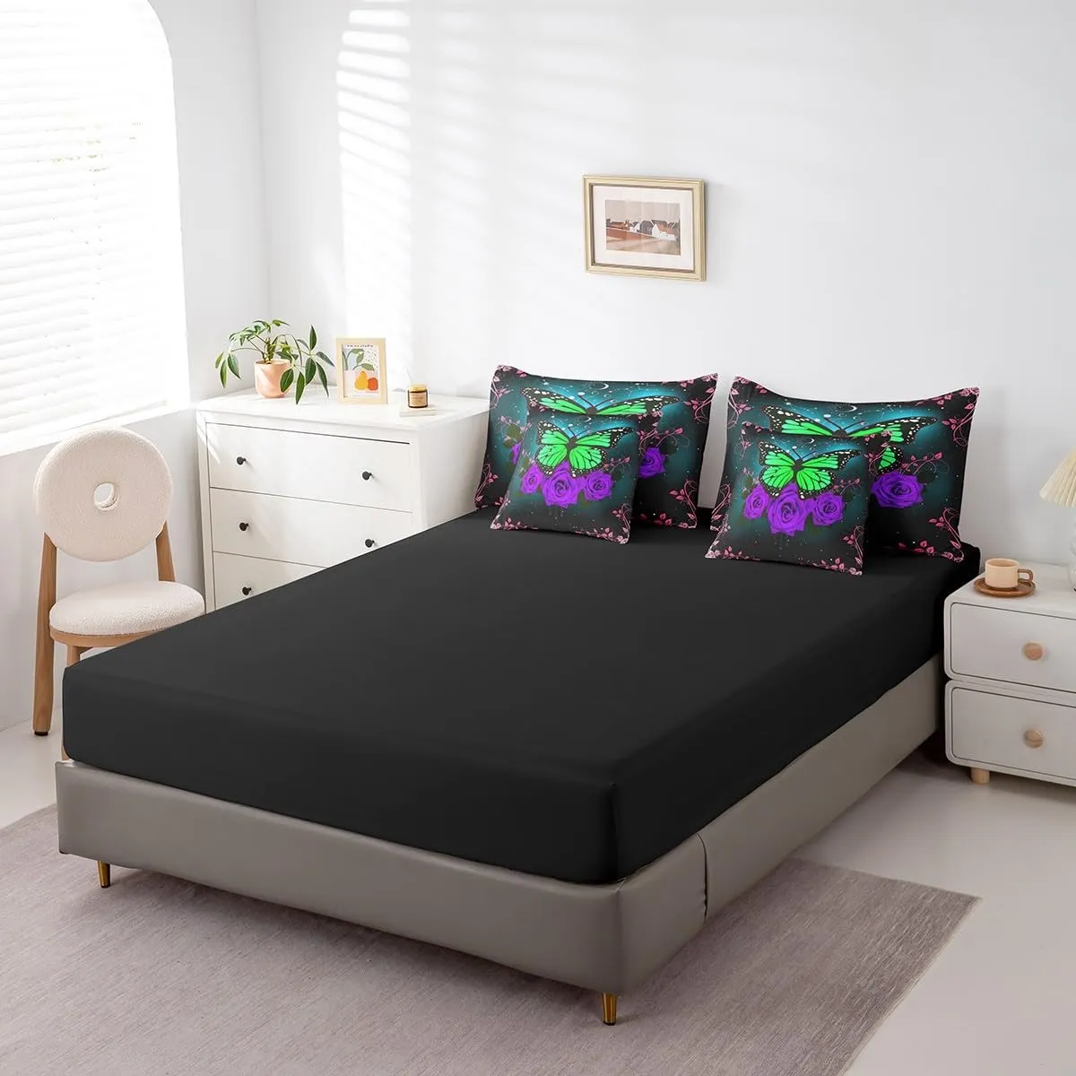 Green Butterfly Bed in a Bag Queen Comforter Set 7 Piece Purple Rose Bedding Sets,Romantic Flowers Constellation Sheet Set with Comforter Rustic Animal Butterflies Bed Set,Aesthetic Room Decor