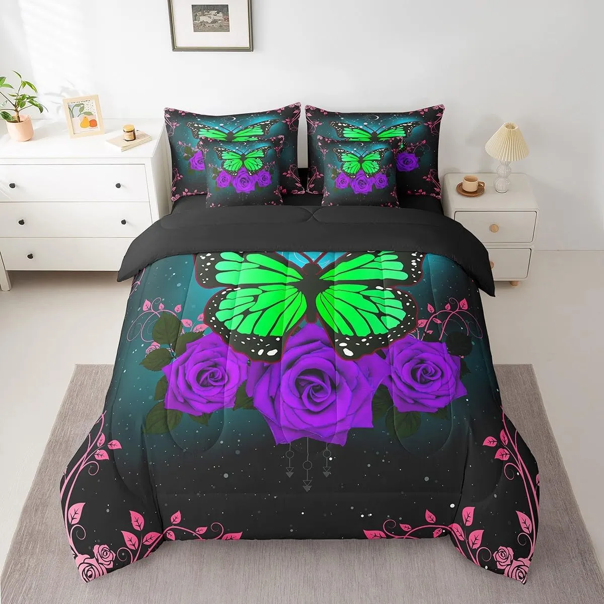 Green Butterfly Bed in a Bag Queen Comforter Set 7 Piece Purple Rose Bedding Sets,Romantic Flowers Constellation Sheet Set with Comforter Rustic Animal Butterflies Bed Set,Aesthetic Room Decor