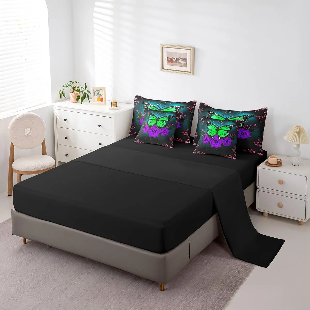Green Butterfly Bed in a Bag Queen Comforter Set 7 Piece Purple Rose Bedding Sets,Romantic Flowers Constellation Sheet Set with Comforter Rustic Animal Butterflies Bed Set,Aesthetic Room Decor
