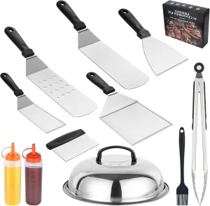 Griddle Accessories Kit, 11PCS BBQ Flat Top Grill Accessories Set Outdoor Camping Heavy Duty Stainless Steel Spatulas Barbecue Tools Set Cooking Utensils Set with Basting Cover,Tongs.
