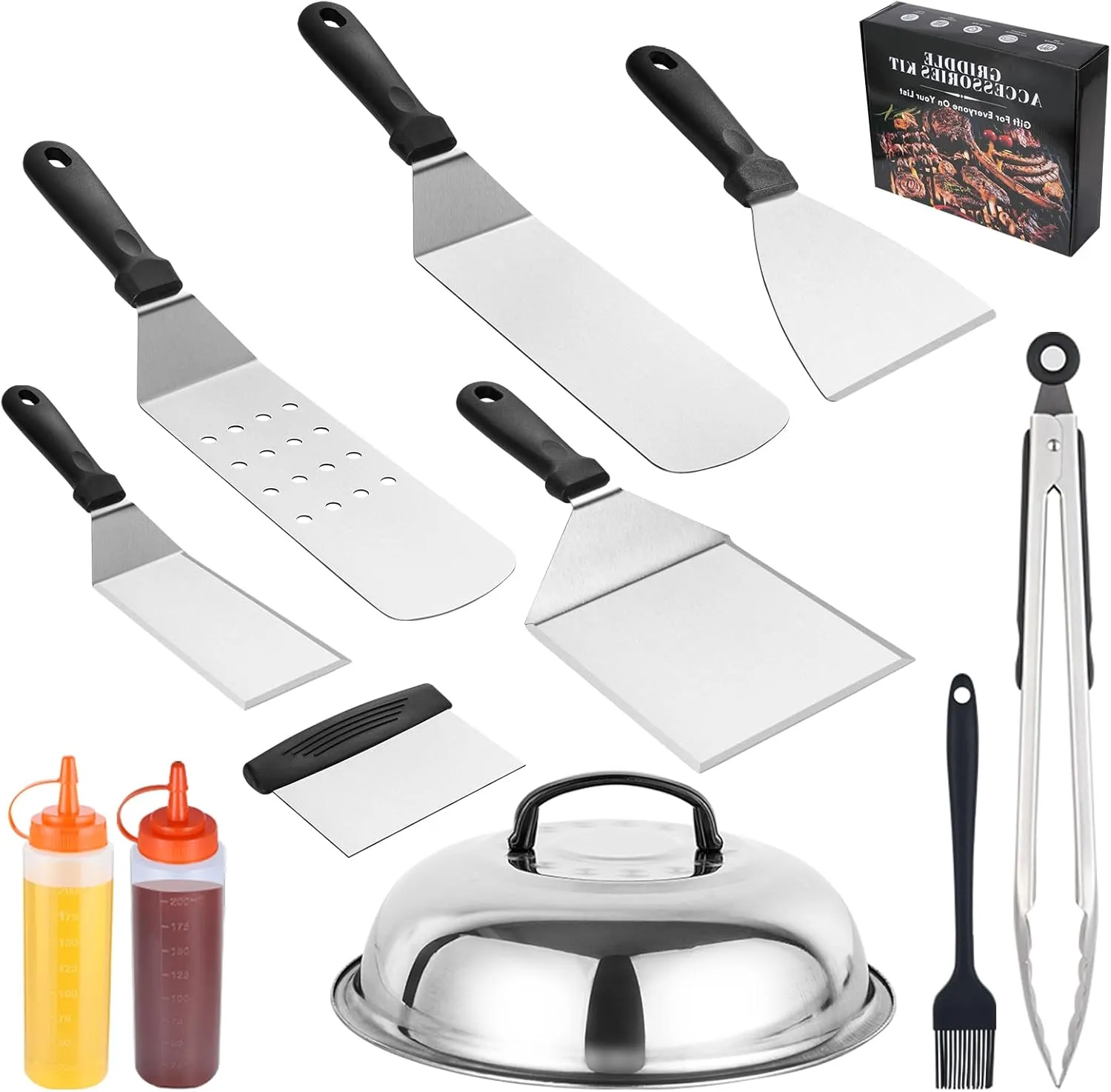 Griddle Accessories Kit, 11PCS BBQ Flat Top Grill Accessories Set Outdoor Camping Heavy Duty Stainless Steel Spatulas Barbecue Tools Set Cooking Utensils Set with Basting Cover,Tongs.
