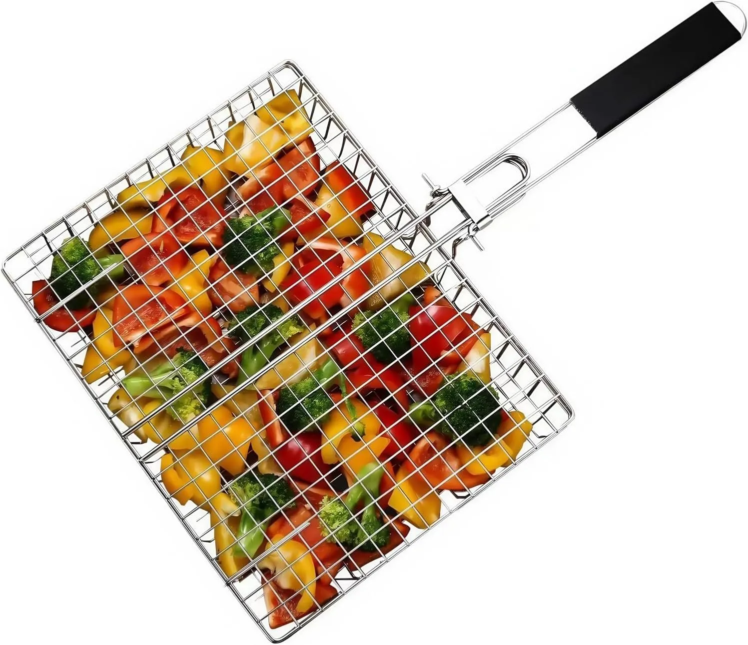 Grill Basket Stainless Steel with Portable Removable Handle BBQ Grilling Basket for Steak Burger Fish Meat Shrimp Vegetables Grill Vegetable Basket Dishwasher Safe