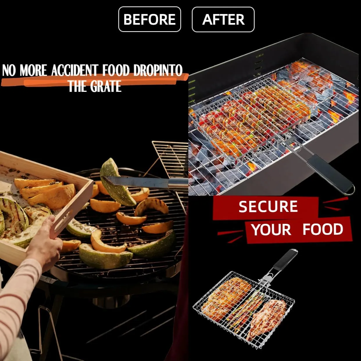 Grill Basket Stainless Steel with Portable Removable Handle BBQ Grilling Basket for Steak Burger Fish Meat Shrimp Vegetables Grill Vegetable Basket Dishwasher Safe