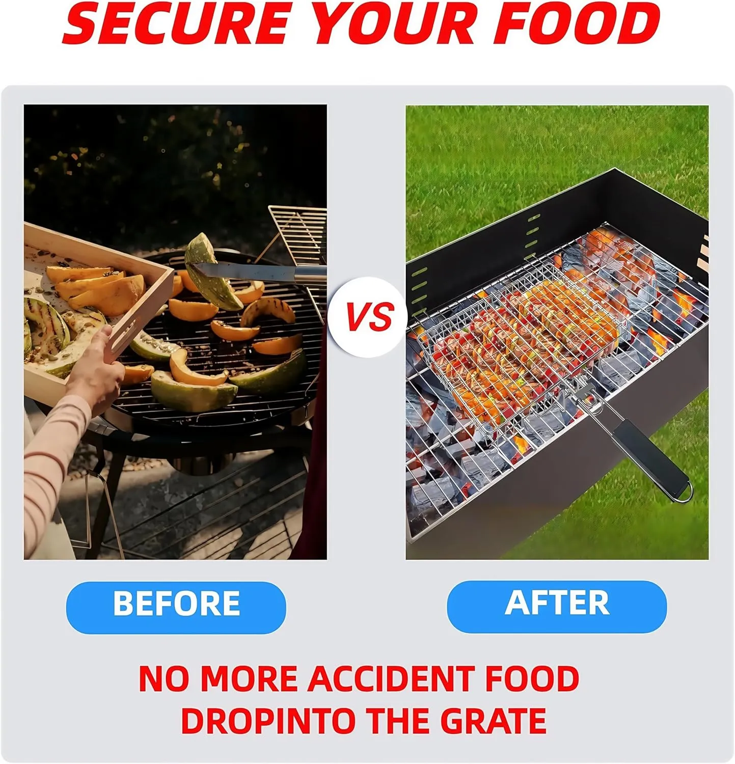 Grill Basket Stainless Steel with Portable Removable Handle BBQ Grilling Basket for Steak Burger Fish Meat Shrimp Vegetables Grill Vegetable Basket Dishwasher Safe