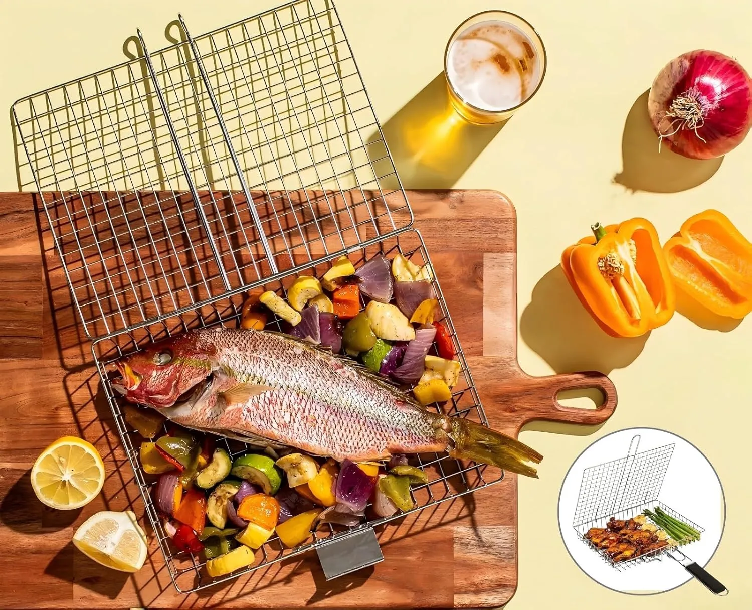 Grill Basket Stainless Steel with Portable Removable Handle BBQ Grilling Basket for Steak Burger Fish Meat Shrimp Vegetables Grill Vegetable Basket Dishwasher Safe
