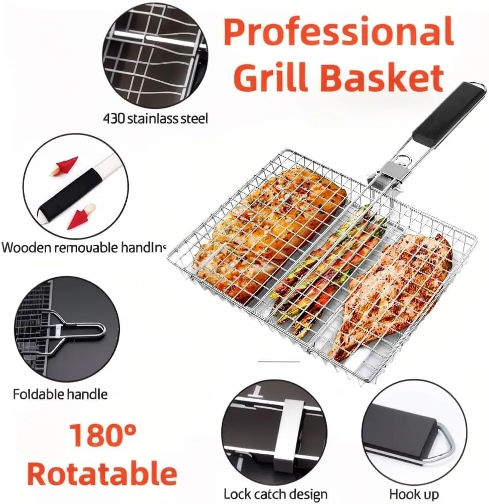Grill Basket Stainless Steel with Portable Removable Handle BBQ Grilling Basket for Steak Burger Fish Meat Shrimp Vegetables Grill Vegetable Basket Dishwasher Safe