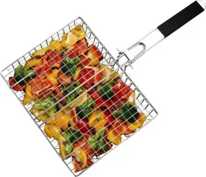 Grill Basket Stainless Steel with Portable Removable Handle BBQ Grilling Basket for Steak Burger Fish Meat Shrimp Vegetables Grill Vegetable Basket Dishwasher Safe