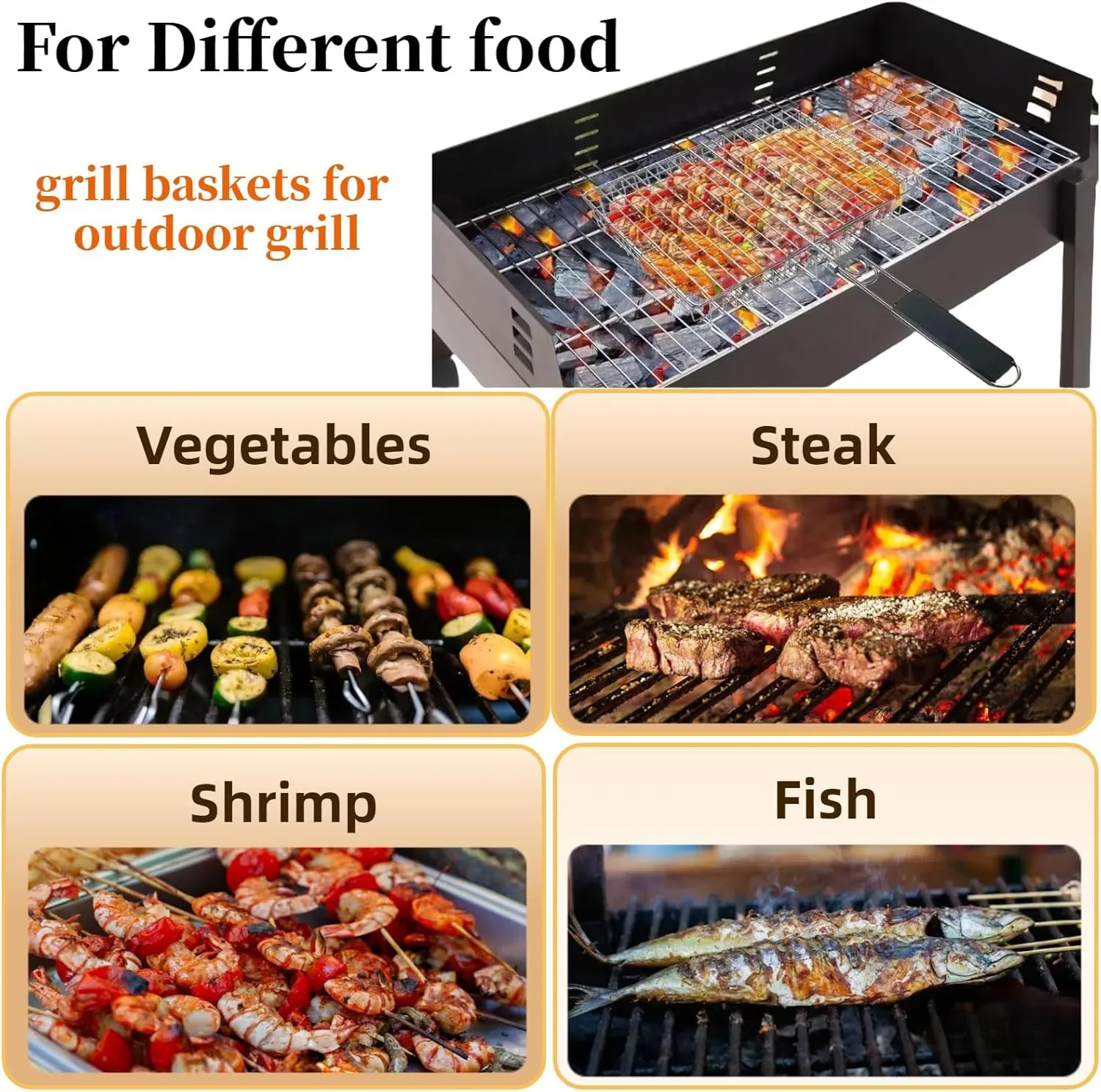 Grill Basket Stainless Steel with Portable Removable Handle BBQ Grilling Basket for Steak Burger Fish Meat Shrimp Vegetables Grill Vegetable Basket Dishwasher Safe