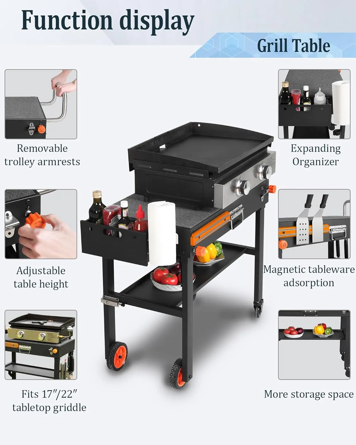 Grill Table for Blackstone Griddle, Grill Carts Outdoor With Wheels, Used for 17 Inch Or 22 Inch Griddle, Foldable Quickly Ninja Stand Suitable for Travel/Camping And Outdoor Meals