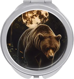 Grizzly Bear Walking Through Forests Travel Makeup Mirror 2-Sided 1x 2X Magnification Portable Mini Mirror for Handbag Purse Pocket
