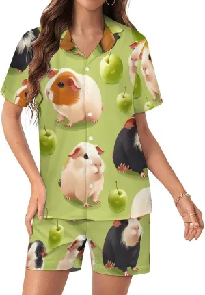 Guinea Pigs (1) Women's Satin Pajama Set Short Sleeve Button Down Sleepwear Loungewear Pj Set