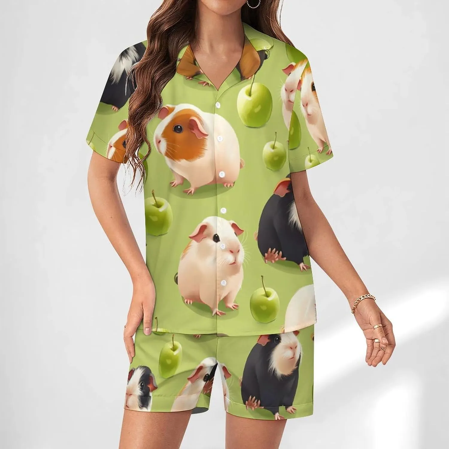 Guinea Pigs (1) Women's Satin Pajama Set Short Sleeve Button Down Sleepwear Loungewear Pj Set