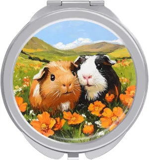 Guinea Pigs in Field Flowers Travel Makeup Mirror 2-Sided 1x 2X Magnification Portable Mini Mirror for Handbag Purse Pocket