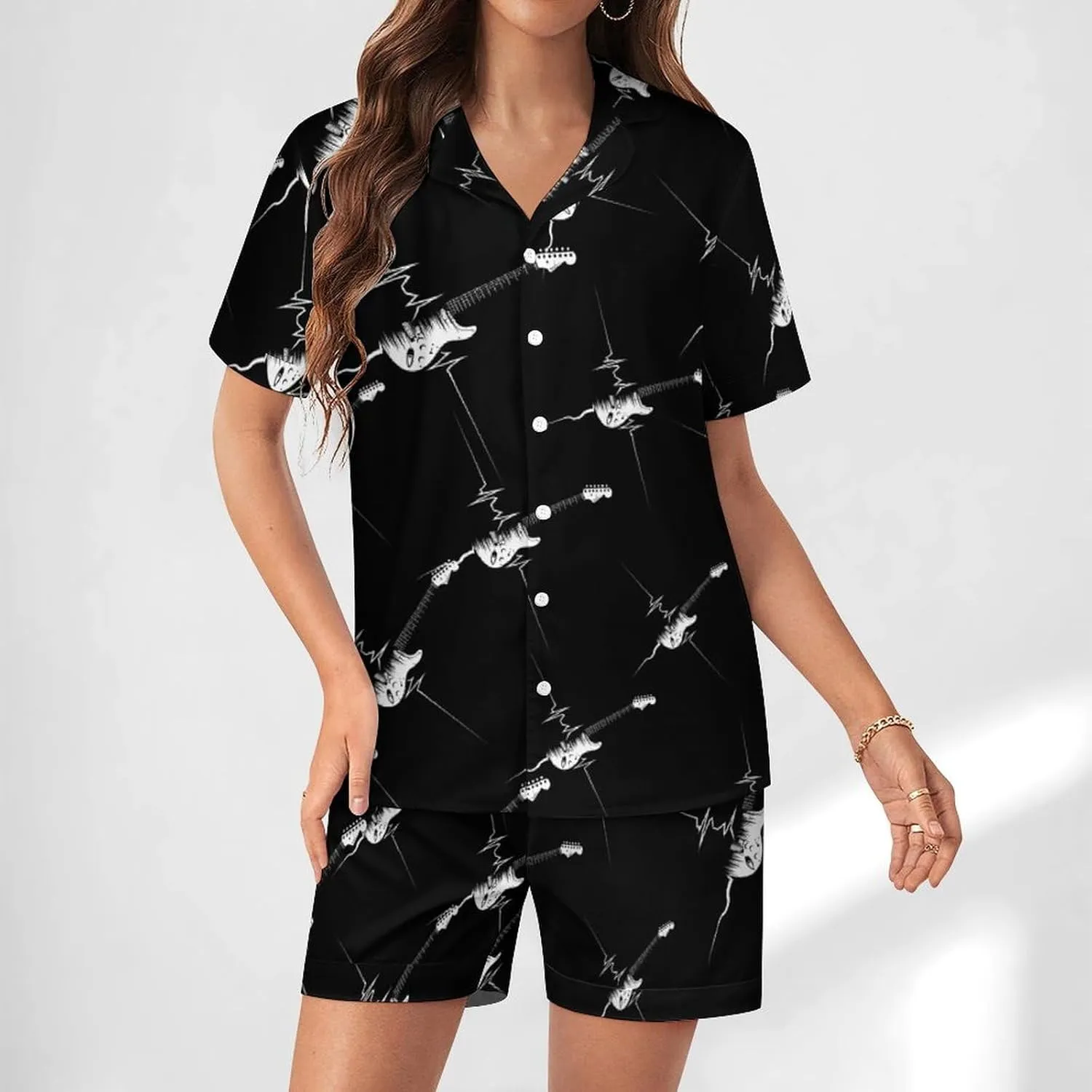 Guitar EKG Heartbeat Women's Satin Pajama Set Short Sleeve Button Down Sleepwear Loungewear Pj Set