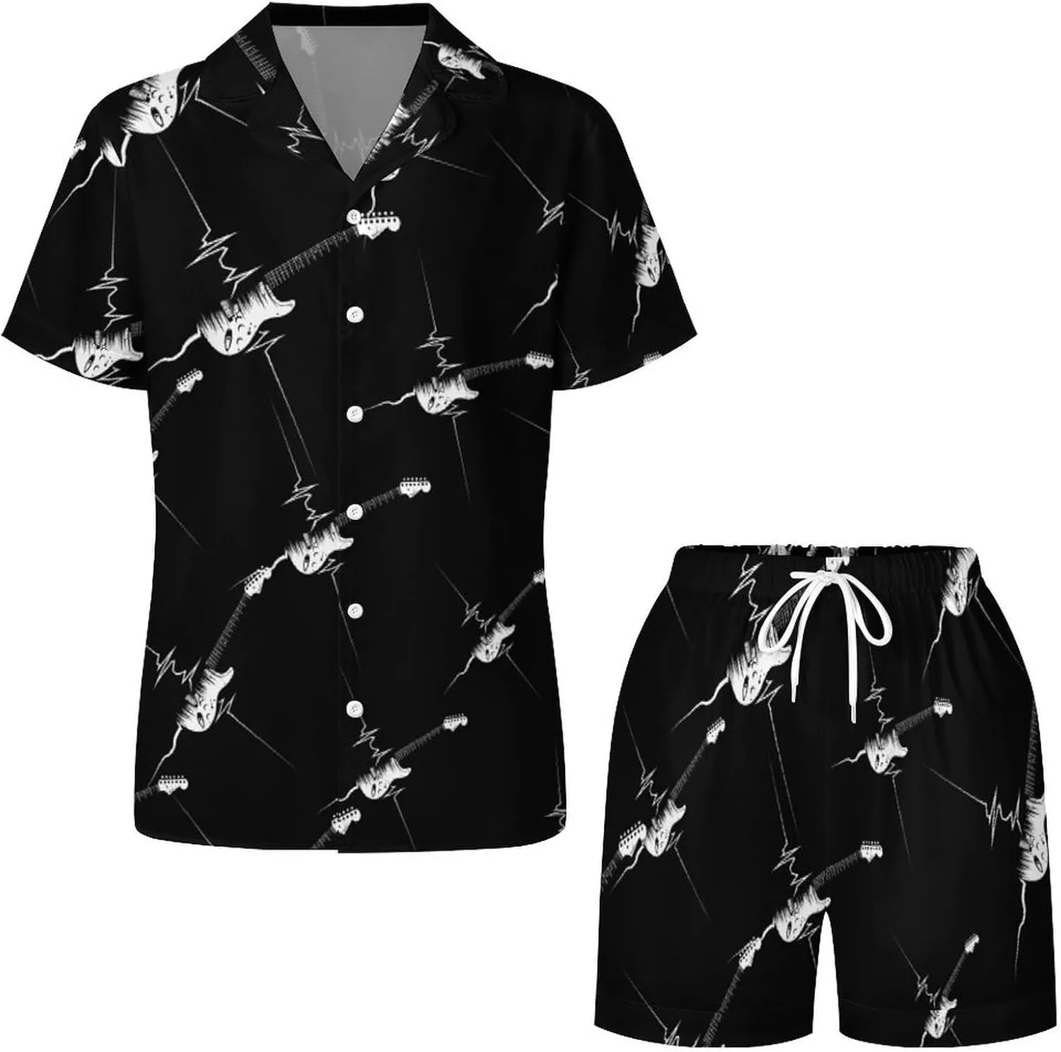 Guitar EKG Heartbeat Women's Satin Pajama Set Short Sleeve Button Down Sleepwear Loungewear Pj Set