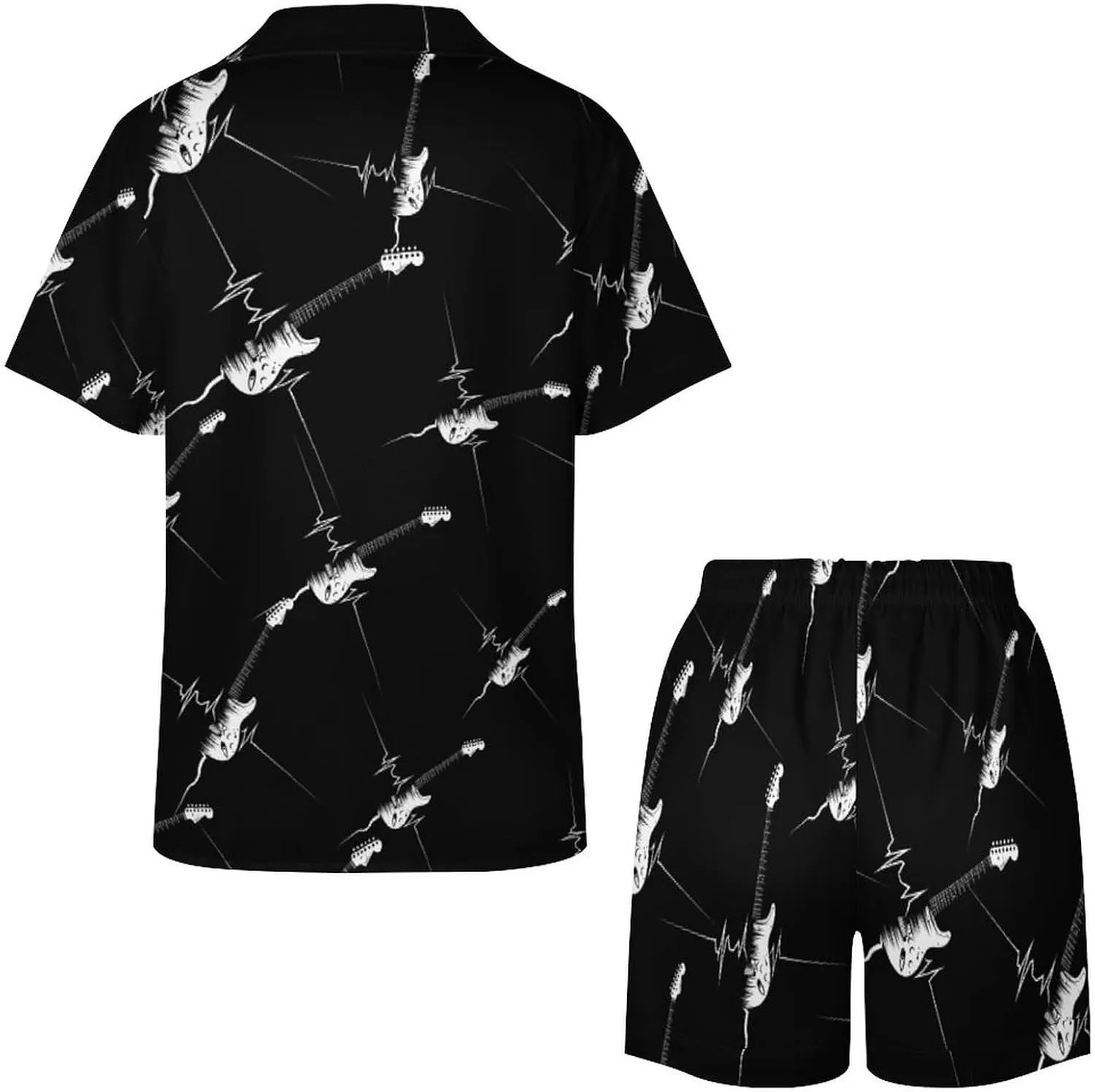 Guitar EKG Heartbeat Women's Satin Pajama Set Short Sleeve Button Down Sleepwear Loungewear Pj Set