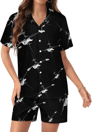 Guitar EKG Heartbeat Women's Satin Pajama Set Short Sleeve Button Down Sleepwear Loungewear Pj Set