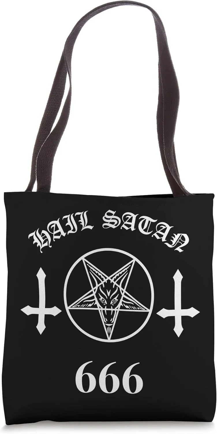 Hail Satan 666 Upside Down Cross Satanic Pentagram Tote Bag