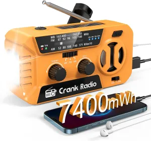Hand Crank Emergency Weather Radio - NOAA Weather Radio with 7400mWh Power Bank, Battery Operated/USB/Solar/Hand Crank Charging, 3 LED Flashlight & SOS Alarm, for Hurricane Tornado Survival Gear